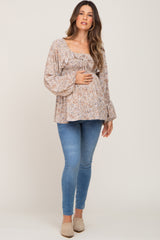 Taupe Floral Smocked Ruffled Long Sleeve Maternity Top