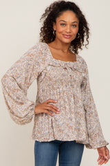 Taupe Floral Smocked Ruffled Long Sleeve Maternity Top