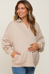 Beige Collared Pullover Maternity Sweater