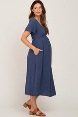 Navy Blue V-Neck Maternity Midi Dress