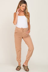 Taupe Ribbed Drawstring Maternity Joggers