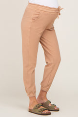 Taupe Ribbed Drawstring Maternity Joggers