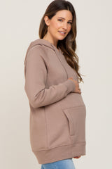 Taupe Fleece Front Pocket Maternity Hoodie