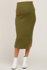 Olive Ribbed Knit Side Slit Maternity Midi Skirt