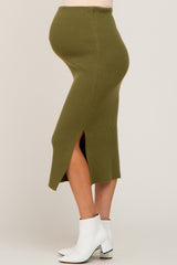 Olive Ribbed Knit Side Slit Maternity Midi Skirt