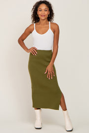 Olive Ribbed Knit Side Slit Midi Skirt