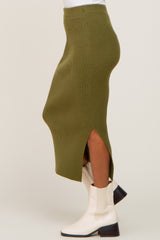 Olive Ribbed Knit Side Slit Midi Skirt