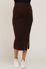 Brown Ribbed Knit Side Slit Maternity Midi Skirt