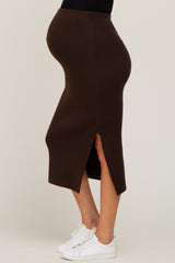 Brown Ribbed Knit Side Slit Maternity Midi Skirt