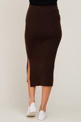 Brown Ribbed Knit Side Slit Maternity Midi Skirt