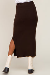 Brown Ribbed Knit Side Slit Midi Skirt