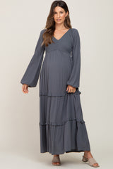 Charcoal Smocked Tiered Maternity Midi Dress