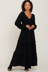 Black Smocked Tiered Midi Dress