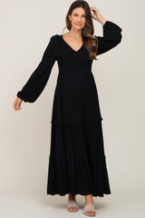 Black Smocked Tiered Maternity Midi Dress