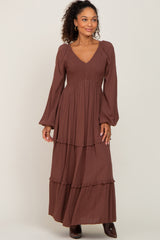 Mocha Smocked Tiered Maternity Midi Dress