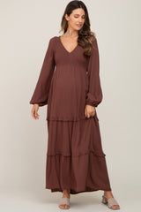 Mocha Smocked Tiered Maternity Midi Dress