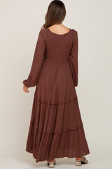 Mocha Smocked Tiered Maternity Midi Dress