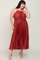 Rust Pleated Sleeveless Waist Tie Plus Maxi Dress