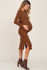 Brown Ribbed Ruched Fitted Maternity Midi Dress