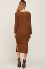 Brown Ribbed Ruched Fitted Maternity Midi Dress