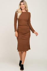 Brown Ribbed Ruched Fitted Maternity Midi Dress