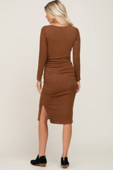 Brown Ribbed Ruched Fitted Midi Dress