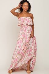 Light Pink Floral Strapless Ruffle Front Maternity Maxi Dress