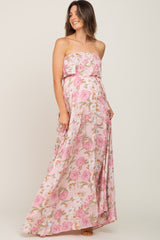 Light Pink Floral Strapless Ruffle Front Maternity Maxi Dress