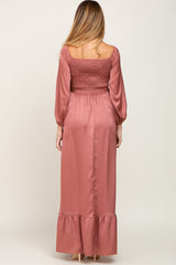 Mauve Smocked Off Shoulder Satin Maternity Maxi Dress