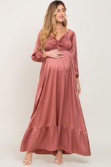 Mauve Smocked Off Shoulder Satin Maternity Maxi Dress