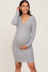 Heather Grey Soft Ribbed Long Sleeve Maternity Midi Dress