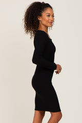 Black Soft Ribbed Long Sleeve Midi Dress