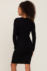 Black Soft Ribbed Long Sleeve Midi Dress