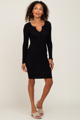 Black Soft Ribbed Long Sleeve Midi Dress