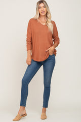 Rust Brushed Knit Basic Long Sleeve Top