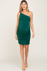 Hunter Green Fitted One Shoulder Ruched Maternity Dress