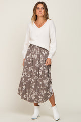 Grey Floral Smocked Waist Maternity Midi Skirt