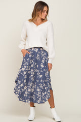 Blue Floral Smocked Waist Maternity Midi Skirt