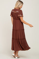 Brown Embroidered Tiered Maxi Dress