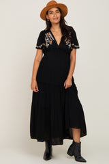 Black Embroidered Tiered Maternity Maxi Dress