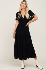 Black Embroidered Tiered Maxi Dress