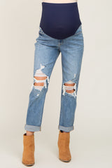 Blue Distressed Cuffed Maternity Jeans