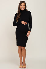 Black Rib Knit Turtleneck Maternity Sweater Dress