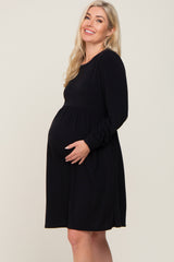 Black Terry Knit Long Sleeve Maternity Dress