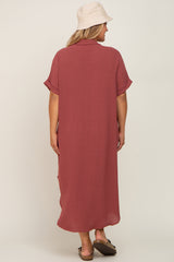 Rust Button Down Hi Low Maternity Plus Maxi Dress