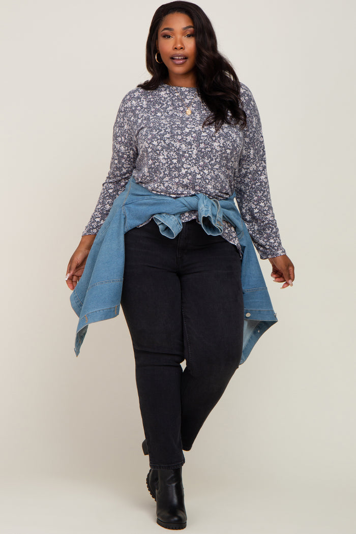 Navy Floral Side Slit Plus Long Sleeve Top