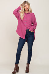 Magenta Linen Fringe Button Down Top