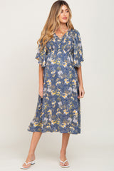 Blue Floral Smocked Flowy Half Sleeve Maternity Midi Dress