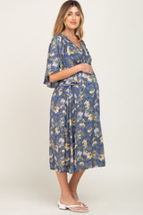 Blue Floral Smocked Flowy Half Sleeve Maternity Midi Dress