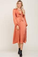 Orange Satin Tie Front Cutout Midi Dress